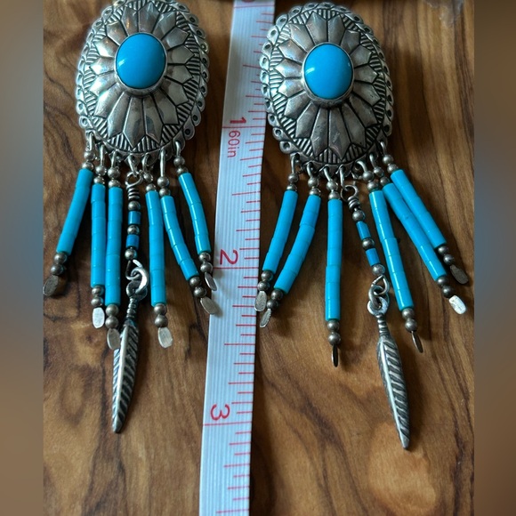 Sterling Turquoise Concho Earrings with Fringe and Feather - Picture 5 of 6